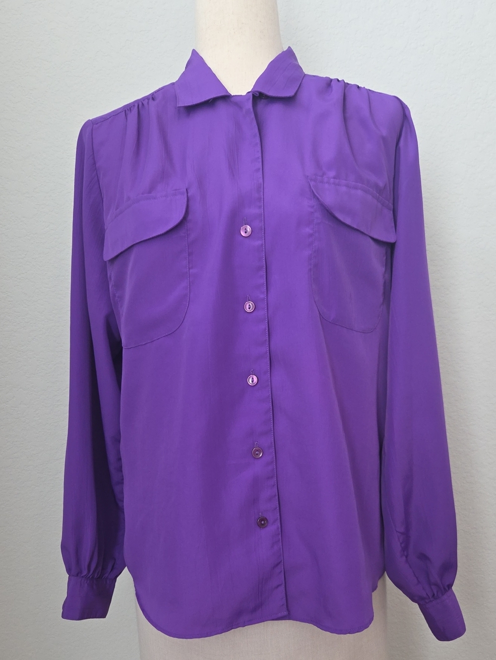 Vintage Purple Button-Down Shirt Secretary Blouse Flap Pockets 1w Medium Office